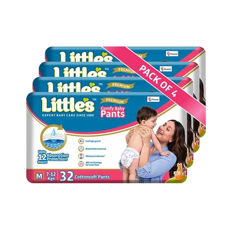 Little’s Cotton Soft Baby Diaper with Leakage Guard Wetness Indicator & 12 Hours Absorption Size M Pack of 4 – 128 Pieces
