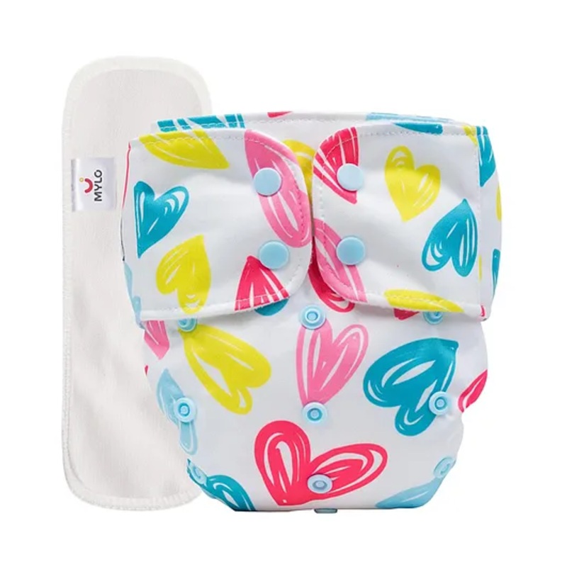 Mylo Baby Freesize Adjustable Cloth Diapers with 1 Free Insert Oeko Tex Certified Pack of 1 Heart Doodle Print – Multicolour