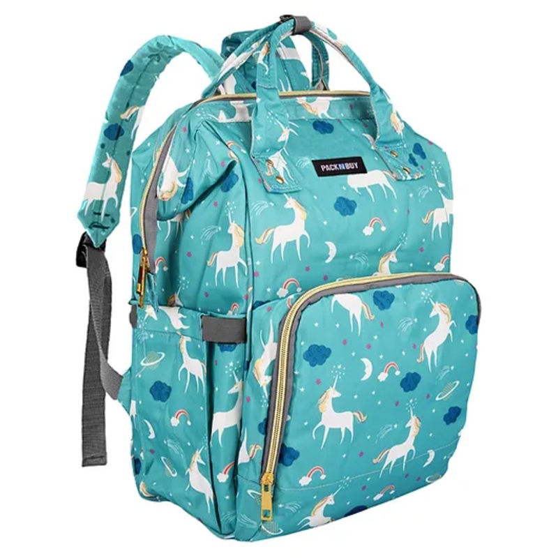 PACKNBUY Diaper Bag Backpack Unicorn Print Baby Travel and Storage Bag – Green