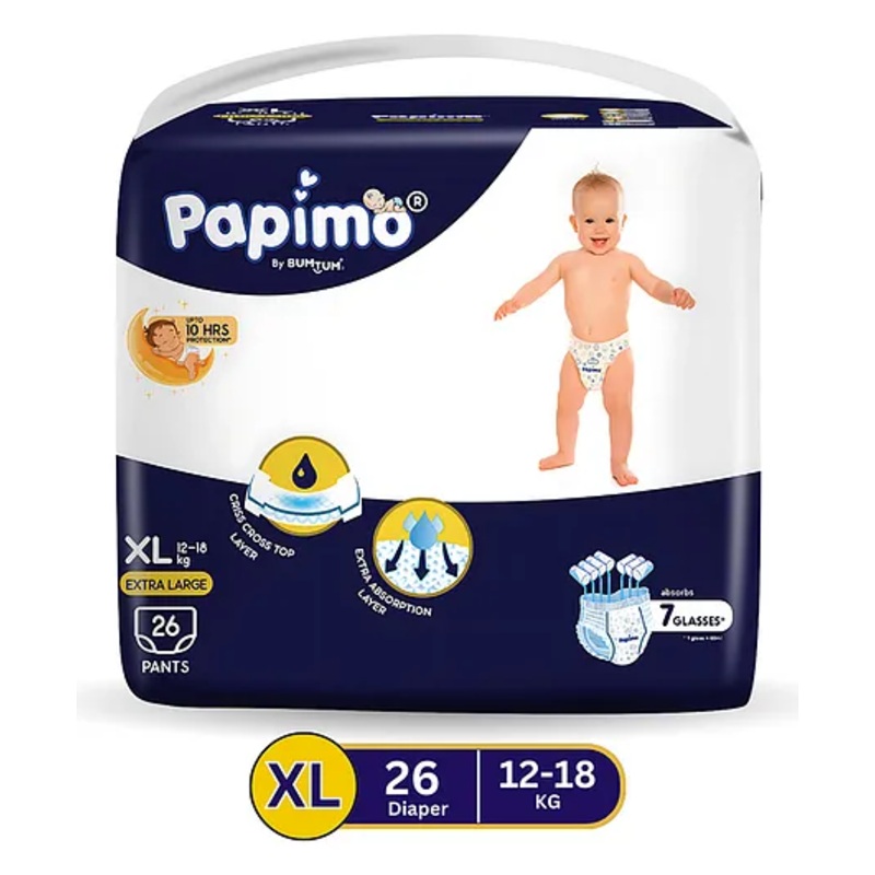 Papimo Baby Diaper Pants  | 12 Hours Absorption with Criss-Cross Technology | Cottony Soft & Breathable | Aloe Vera Infused | Wetness Indicator | Extra Large (10-18 KG) | Pack of 1 (26 Diapers)