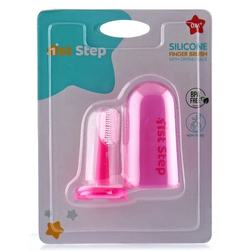 1st Step Silicone Finger Brush With Drying Rack – Pink