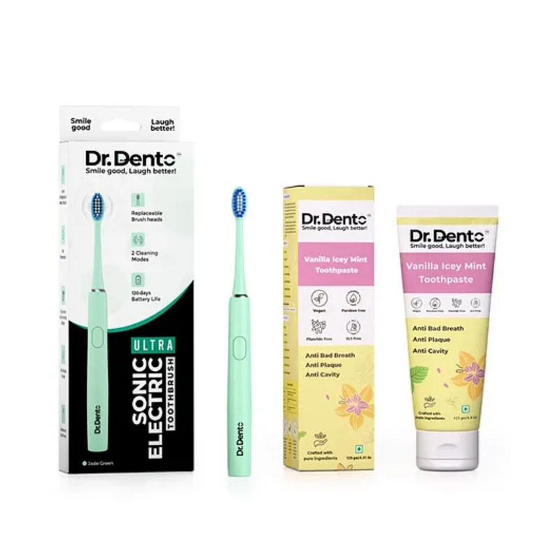 Dr.Dento Ultra Sonic White Electric Toothbrush with Vanilla Icey Mint Toothpaste (125g) | Waterproof Design | Ergonomic Grip | Smart Timer | Vegan Ingredients