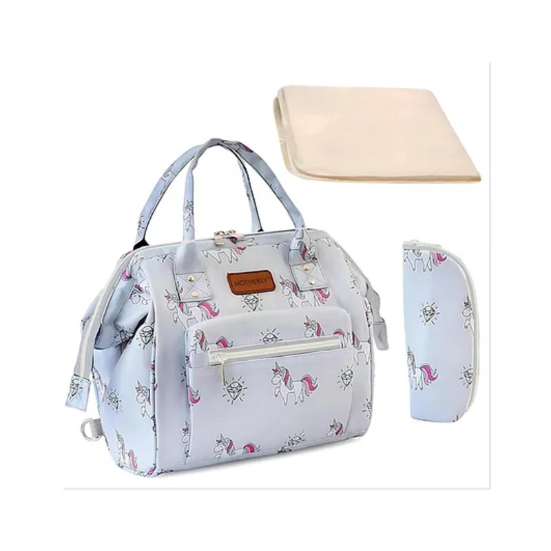 Motherly Nano Diaper Bag Small Diaper Bag for Mothers for Travel Combo Set with Accessories Baby Bag for Mother Travel | Diaper Bag for Baby | Baby Bag for Mother and Baby (Unicorn Diamond Gray)