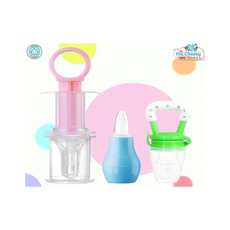 The Cheeky Kidzz Pack of 3 Baby Fruit Nose Suction | Baby Smart Medicine Dropper & Baby Fruit Nibbler Teether and Feeder (PINK-BLUE)