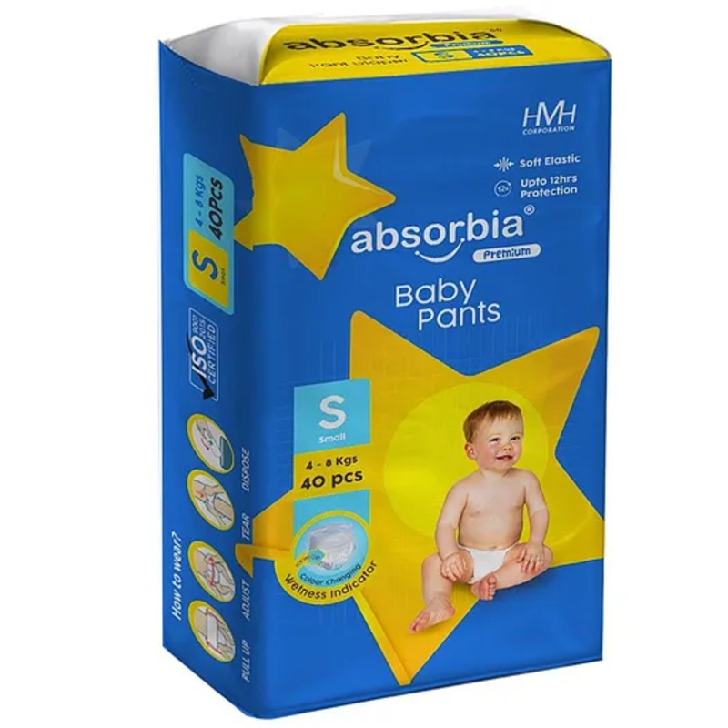 ABSORBIA Premium Baby diaper Pants | Small| 3-8 Kg – S (40 Pieces)