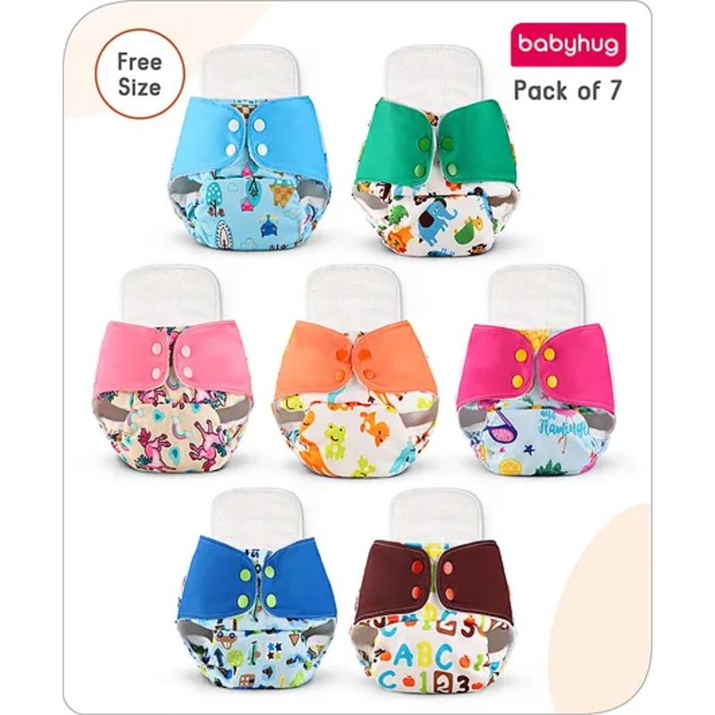 Babyhug Reusable Cloth Diaper with Contrast Flap and Insert Pack of 7 | Washable & Eco-friendly| Adjust to Suit Waist Size| Easy Snap Buttons| Soft & Skin Friendly| High Absorbency Inserts
