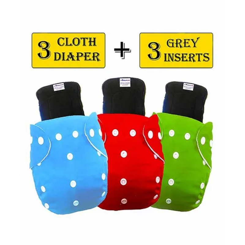 Babymoon Washable & Reusable Cloth Diaper Pocket With Bamboo Charcoal Insert Pack of 6 – Red Green Blue