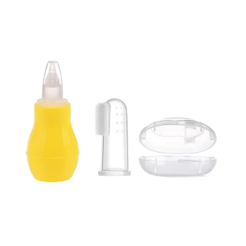 Enorme Baby Silicone Yellow Nose Cleaner Nasal Aspirator and Baby Silicone Finger Toothbrush with case for Babies