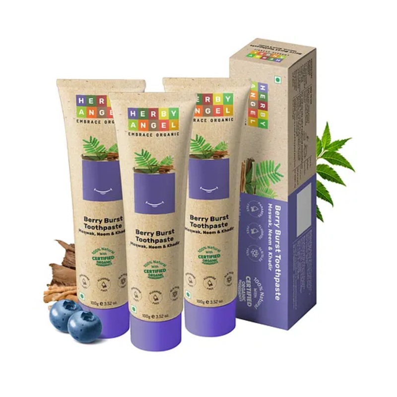 Herby Angel Berry Burst Baby Toothpaste with Meswak, Neem & Khadira Organic Ingredients Healthy Gums Refreshing Breath – 100 g(Pack of 3)