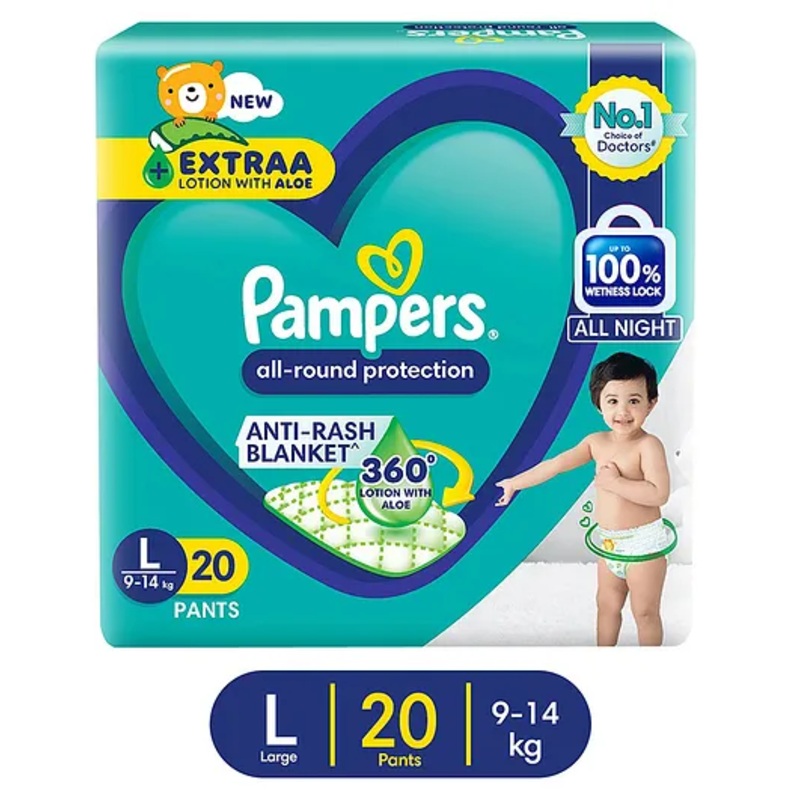 Pampers All round Protection Pants, Large size baby diapers (LG) 20 Count, 9-14 kg, Anti-rash blanket, 360 degree Lotion with Aloe Vera