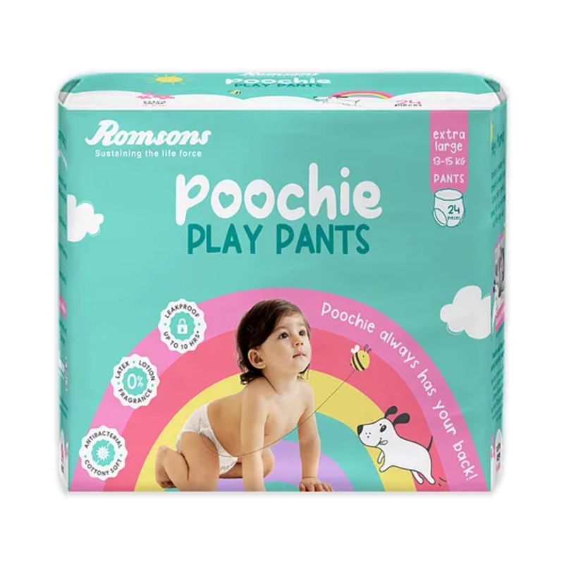 Romsons Poochie Play Pants Baby Diaper | XL Size | Super Absorbent Core | Leakproof Protection for up to 10 Hours | Wetness Indicator | 360 Comfort Fit | Suitable for 13-15 KG | Pack of 1 (24 count)