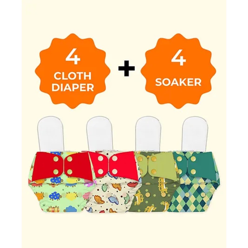 Snugkins Freesize Reusable Waterproof & Washable 4 Pocket Diapers & 4 Soakers – Multicolor
