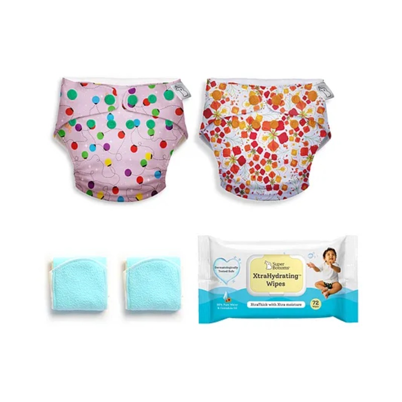 SuperBottoms Freesize UNO Cloth Diaper (3M – 3Y) Reusable, Absorbs 4-5 Pees – Pack of 2 with Wipes