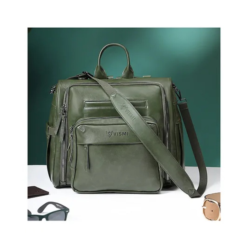 VISMIINTREND Diaper Backpack Bags for Women & Baby Solid Vegan Leather Multi- Compartment Maternity Backpack Travel, Hospital Visit Baby Diaper Bags with Detachable Strap, Trolley Sleeve – Green