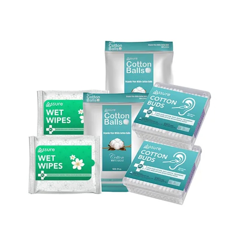 Assure Personal Care Set, Cotton Balls 100 Pcs, Cotton Buds 100 Sticks, Wet Wipes 30N (Set of 2)