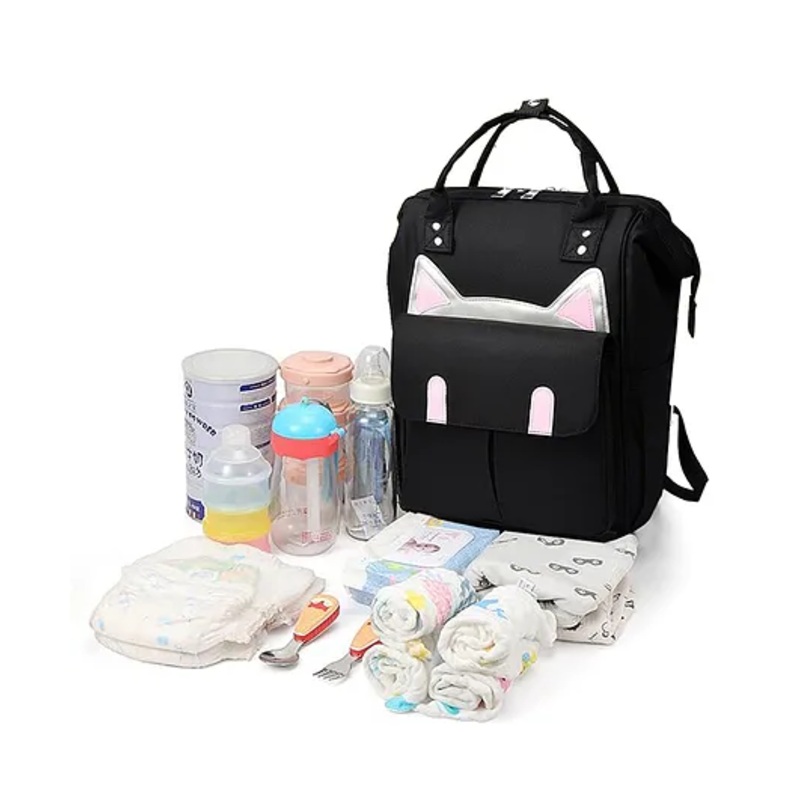 Babymoon Multifunction Diaper Backpack Style Kitty Print Diaper Bag – Black