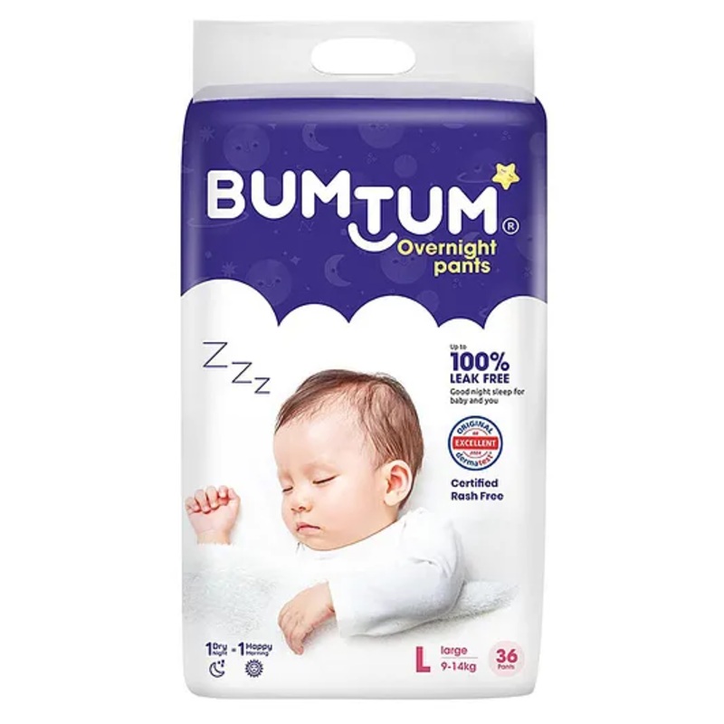 Bumtum Overnight Diaper Pants with Chamomile Microbial Layer Leak Protection & Rash Control Large- 36 Pieces
