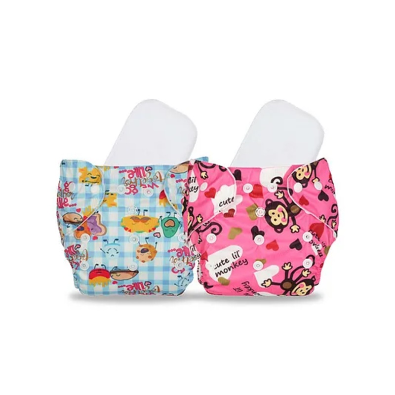 Chinmay Cute Prints Freesize Reusable Washable Adjustable Snap Buttons Cloth Diaper With Wet Free Insert Pads Pack Of 2 (Color & Print May Vary)