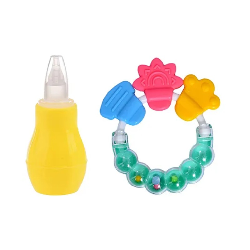 Enorme Baby Silicone Yellow Nose Cleaner Nasal Aspirator and Round Shape BPA Free Silicone Bell Teether Ring for Babies