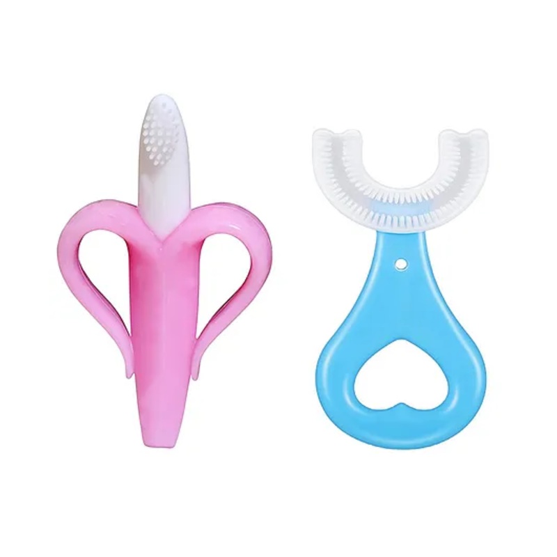 Kritiu Silicone Banana Shaped Toothbrush Teether with U-shaped Soft Silicone Mouth Cleaning Toothbrush For Kids