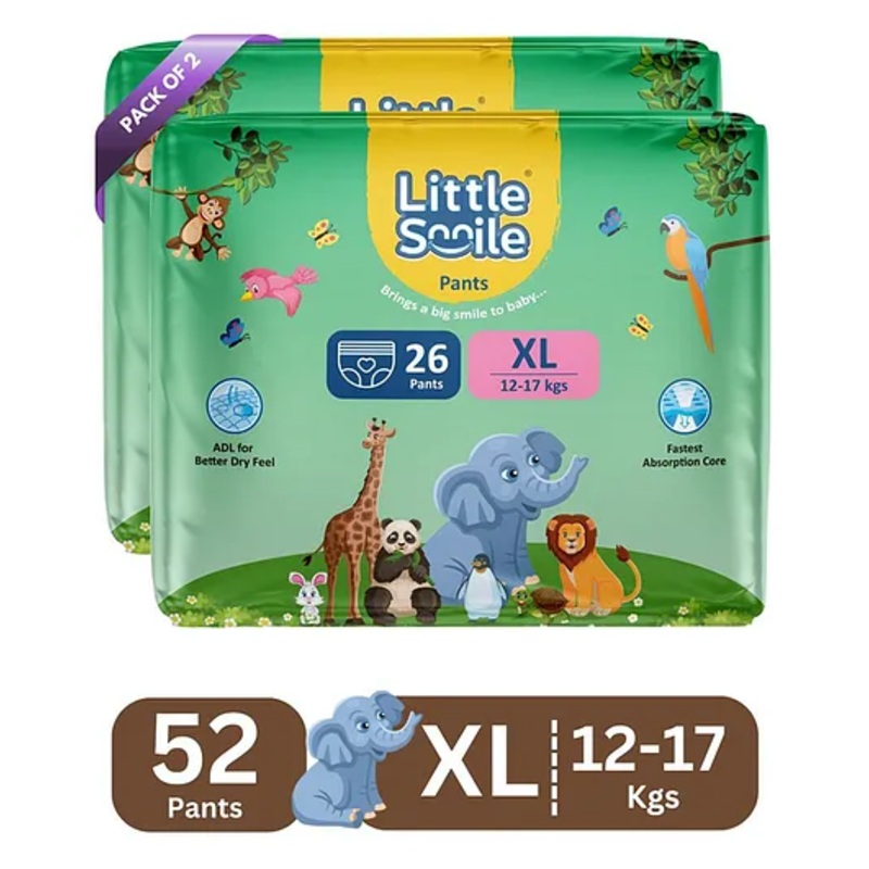 Little Smile Baby Pants Extra Absorb Diapers – Extra Large -52 Pieces -Pack of 2 – XL (52 Pieces)