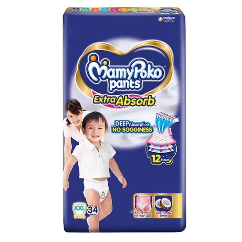 MamyPoko Pants Extra Absorb Baby Diapers, Extra Extra Large (XXL size) | 15-25 kg | 34 Count |Deep Sleep Diapers| Soft gentle fit |Deep Absorbent Crisscross | skin friendly with coconut oil |