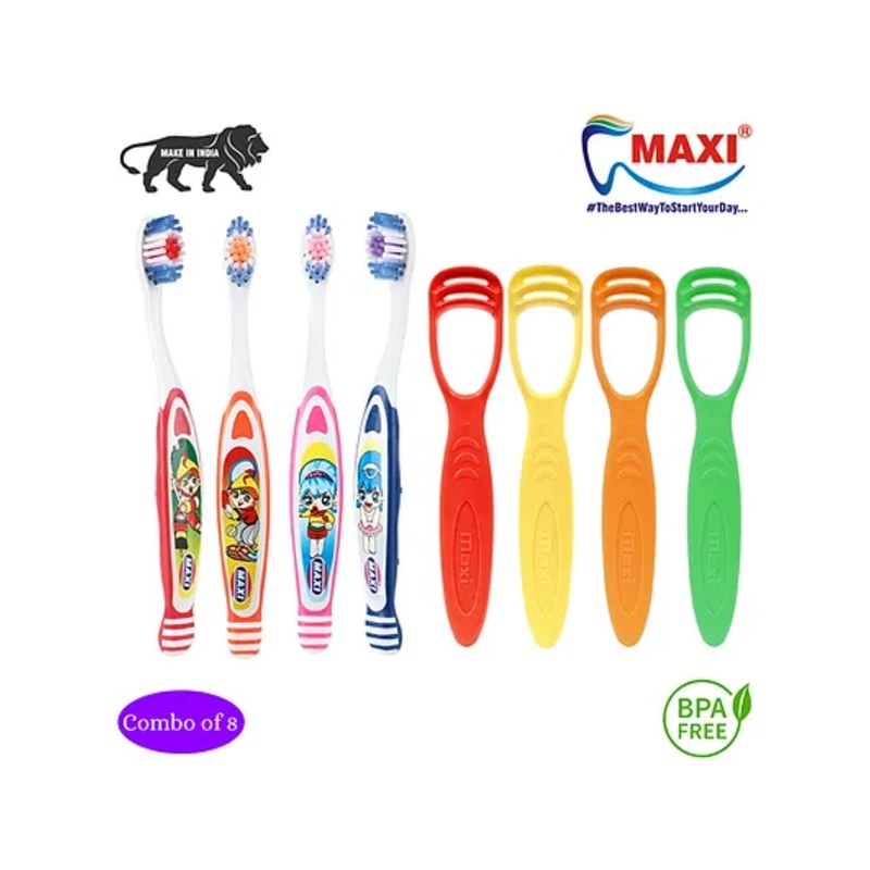 MAXI Junior Oral Care Combos Toothrushes & Tongue Cleaner Pack of 8 – Multicolour