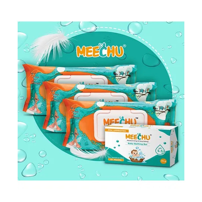 Meechu Baby Wipes Combo Pack of 3 With One Baby Bathing Bar Free – 72 Pieces Each