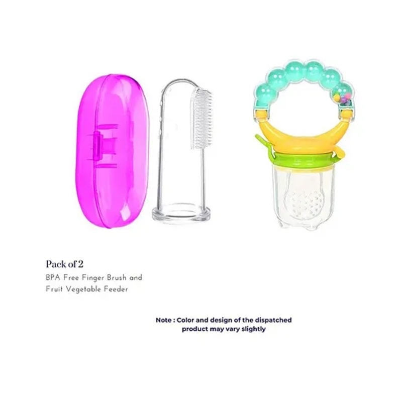 Numum Baby Soft Bristles Finger Toothbrush Having Tongue Cleaner Back With Silicone Baby Food Fruit Vegetable Feeder Baby Teether Baby Musical Rattle Soother Teething Toy For Toddlers Infants Babies Multicolor( Color and design may vary)
