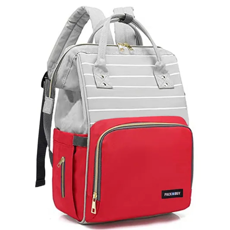 PACKNBUY Diaper Bag Backpack Stylish Stripe Pattern  Red Grey