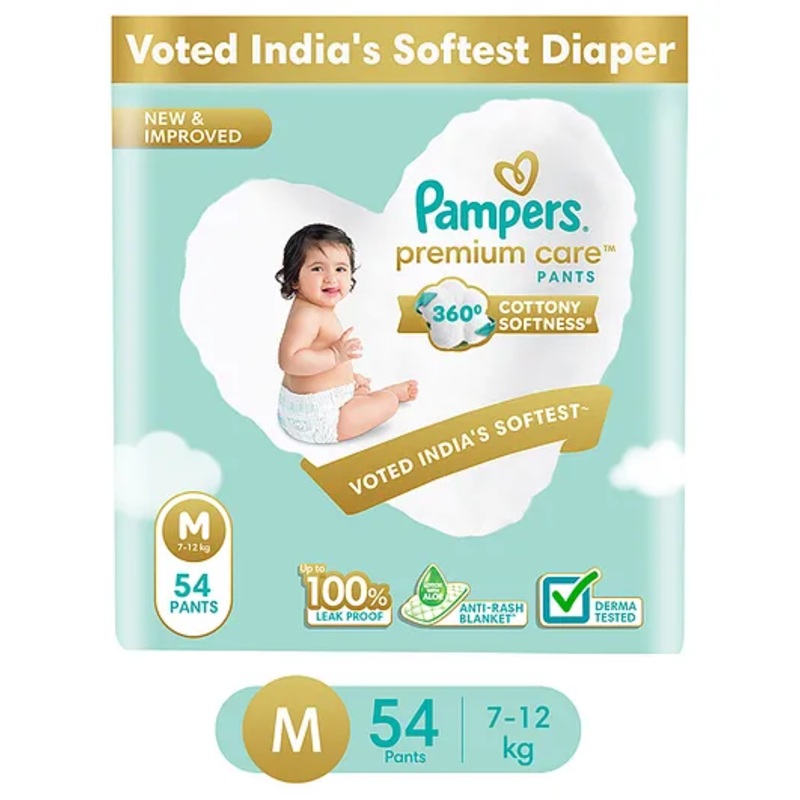 Pampers Premium Care Pants, Medium size baby diapers (M), 54 Count, Softest ever Pampers pants
