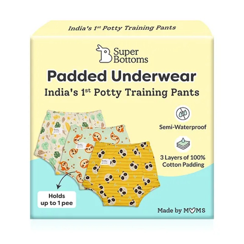 SuperBottoms Padded Underwear for babies – Multicolour (9-12 Months), Mess-free Kids Underwear, 3 layers of cotton padding, Absorb up to 1 pee, Semi-waterproof, Pull-up style Potty Training Pants (Pack of 3)