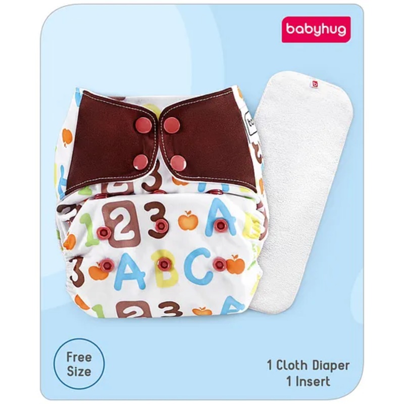 Babyhug Free Size Reusable Contrast Flap Closure Cloth Nappies With Insert Alphanumeric Print – White Brown