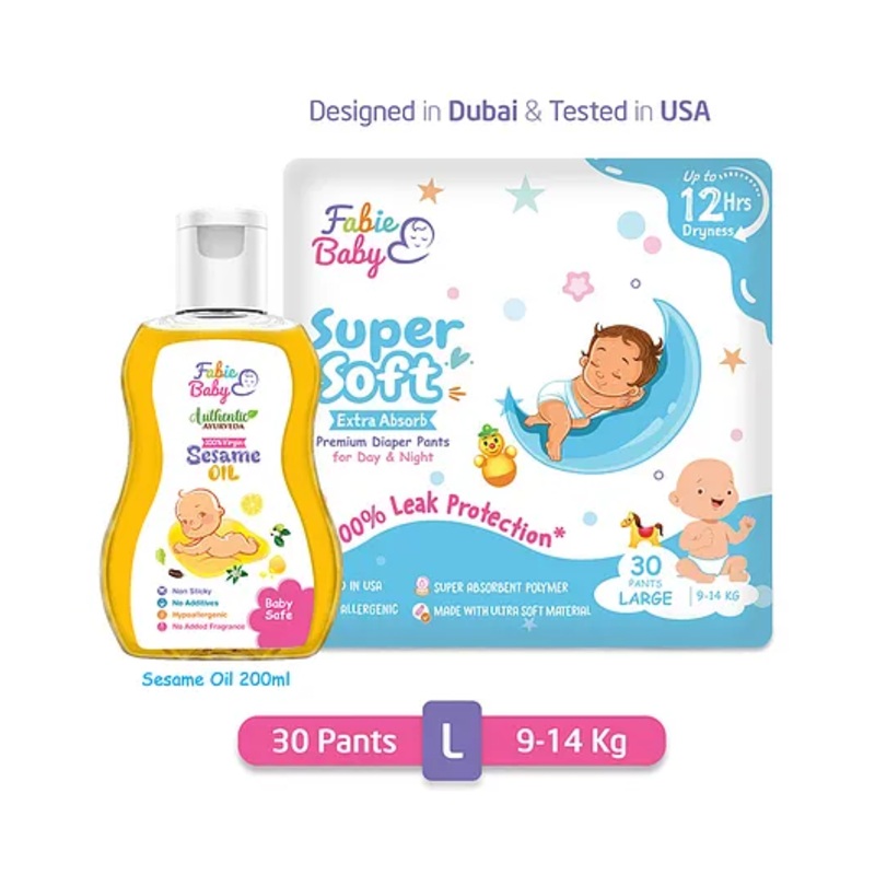 Fabie Baby Premium 12 Hrs Protection Diaper Pants Large (30Pcs) & Sesame Oil (200ml)