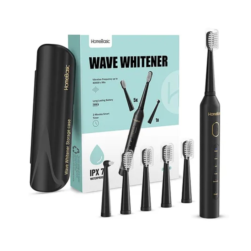 HomeBasic Wave Whitener Electric Toothbrush with 5 Cleaning Modes, 6 Brush Heads, Long-Lasting 60-Day Battery, USB Charging, IPX7 Waterproof, Smart Timer, and Travel Case for Adult Oral Care (Black)
