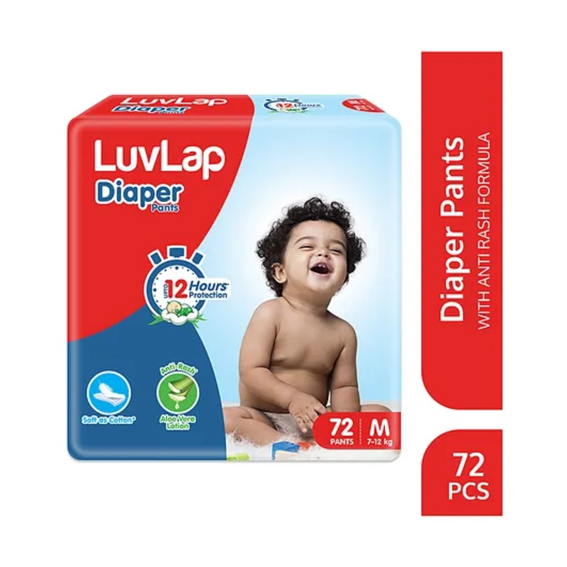 LuvLap Baby Diaper Pants, Medium (M), 72 Count, Aloe Vera Lotion, 12hr Protection, White