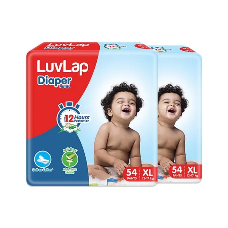 LuvLap Pant Style Baby Diapers, Extra Large (XL), 12-17Kg, Pack of 2 (108 Pants), Aloe Vera Lotion, 12hr Protection, White