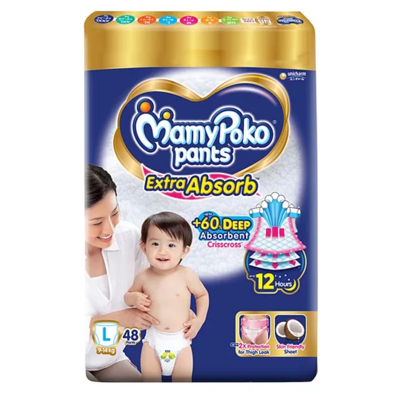 MamyPoko Pants Extra Absorb Baby Diapers, Large (L size) | 9-14 kg | 48 Count |Deep Sleep Diapers| Soft gentle fit |Deep Absorbent Crisscross | skin friendly with coconut oil |