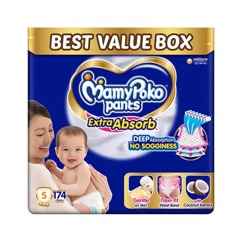 MamyPoko Pants Extra Absorb Baby Diapers, Small (S size) | 4-8 kg | 174 Count |Deep Sleep Diapers| Soft gentle fit |Deep Absorbent Crisscross | skin friendly with coconut oil |