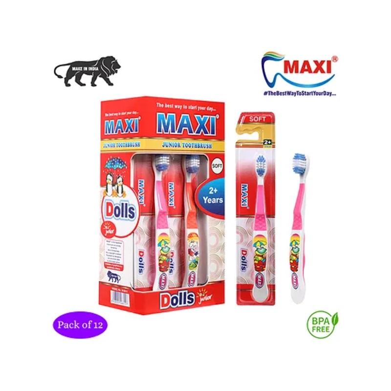 MAXI Dolls Junior Toothrushes Pack of 12- Multicolour