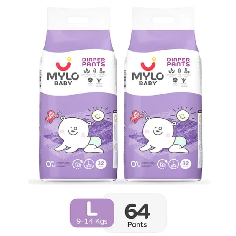 Mylo Baby Diaper Pants Large L Size 9-14 kgs with ADL Technology – 64 Count – 12 Hours Protection