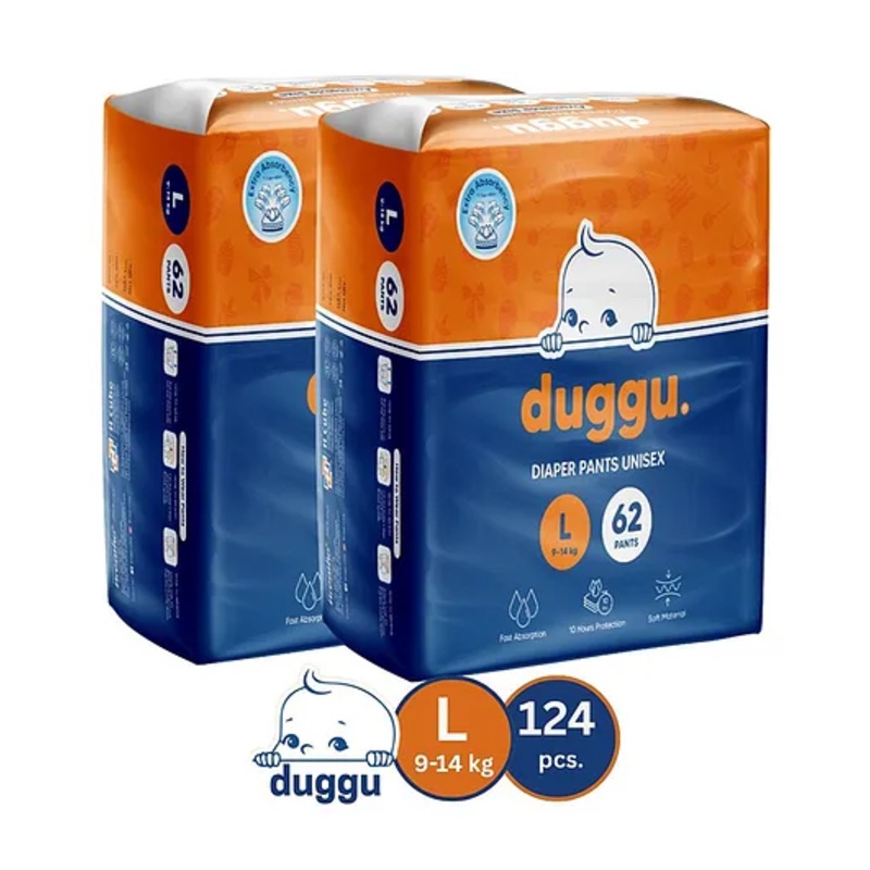 Duggu Baby Diaper Pants | Feather-Like Cotton Feel | Up to 10-Hour Absorption | Soft Elastic Waistband | Highly Absorbent | Large | 9-14 KG | Pack of 2 – 124 Diapers