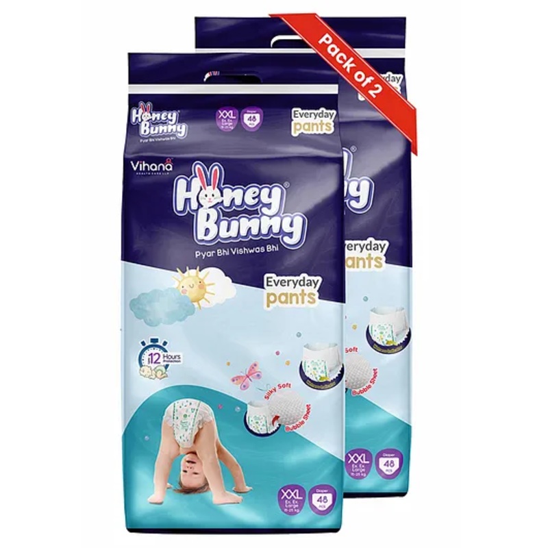 Honey Bunny Everyday Baby Pants Diapers with Silky Soft – Bubble sheet,Wetness Indicator, Extra Extra Large -(48 pcs) (Pack of 2) – XXL (96 pcs) (XXL, 96)