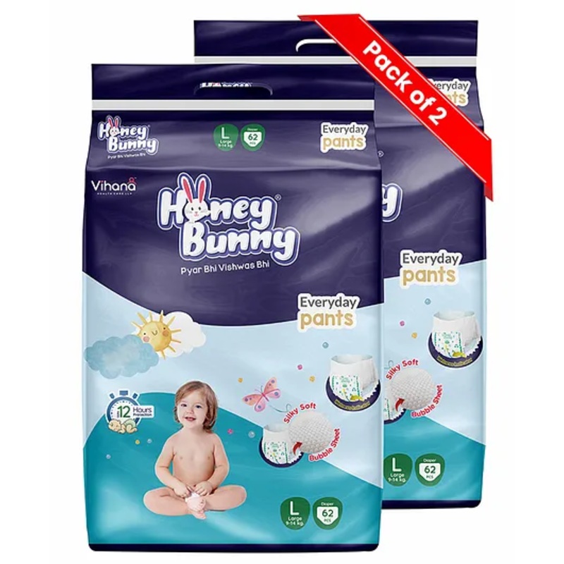 Honey Bunny Everyday Baby Pants Diapers with Wetness Indicator, Silky Soft – Bubble sheet, Large -(62 pcs) (Pack of 2) – L (124)