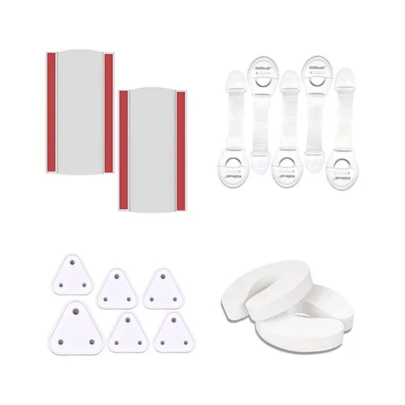 KidDough Baby Proofing Child Safety Kit With 2 Finger Pinch Door Hinge Guards 5 Safety Locks for Cabinets Almirahs 2 C Shape Door Stopper 6 Electric Socket Guards – Multicolour