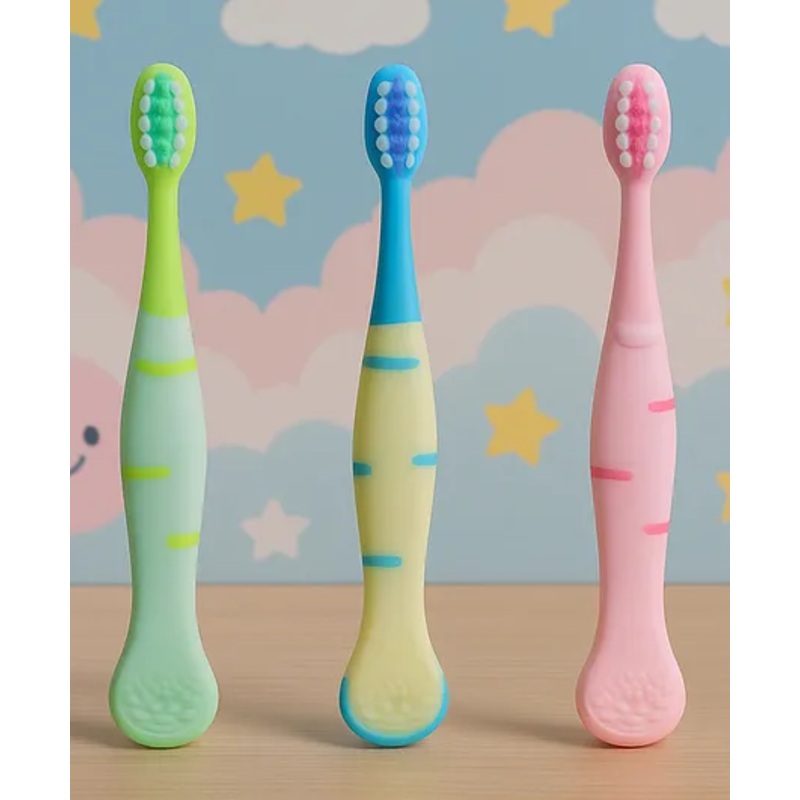 KIDS BASIC Cute Handle Soft Bristle With Tongue Scrapper Kids Toothbrush – Blue, Pink & Green (Pack of 3)