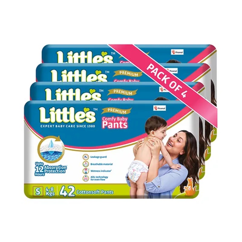 Little’s Baby Diapers S Size (Small) Pants Style | 4-8 kg | 168 Count – Pack of 4 | CottonSoft Baby Diaper with Leakage Guard, Wetness Indicator & 12 Hours Absorption