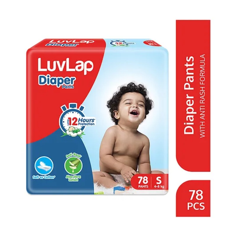 LuvLap Pant Style Baby Diapers, Small (S), 78 Count, Aloe Vera Lotion, 12hr Protection, White