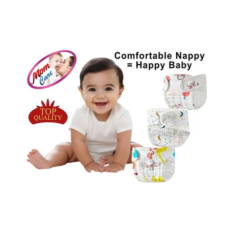 MOM CARE 6 Layer Muslin  Nappies For Newborn Baby With Velcro Attachment Pack of 3 White