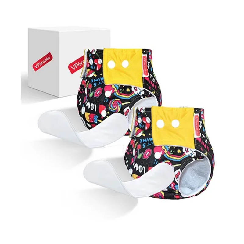 VParents Jumbo Print Reusable And Adjustable Cloth Diaper With  5 Layers Washable  Ultra Absorbent Insert Pack of 2 – Multicolor